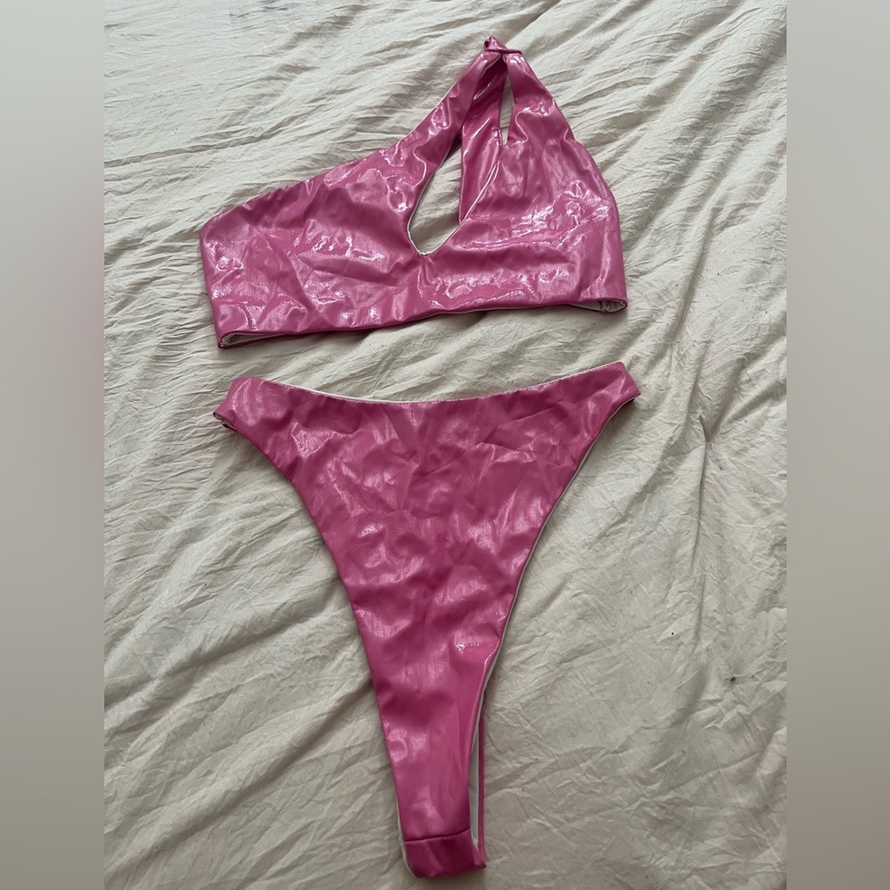 hot barbie pink patent vinyl leather bikini